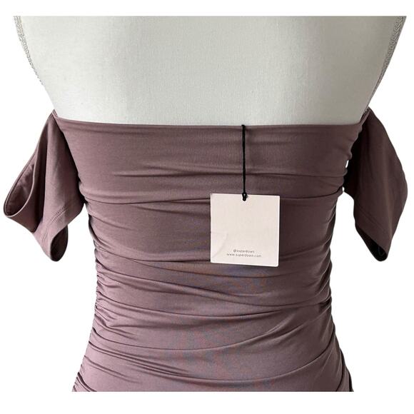 SUPERDOWN Women's Elora Ruched Off The Shoulder Dress in Taupe-Sz‎ S - Picture 6 of 9